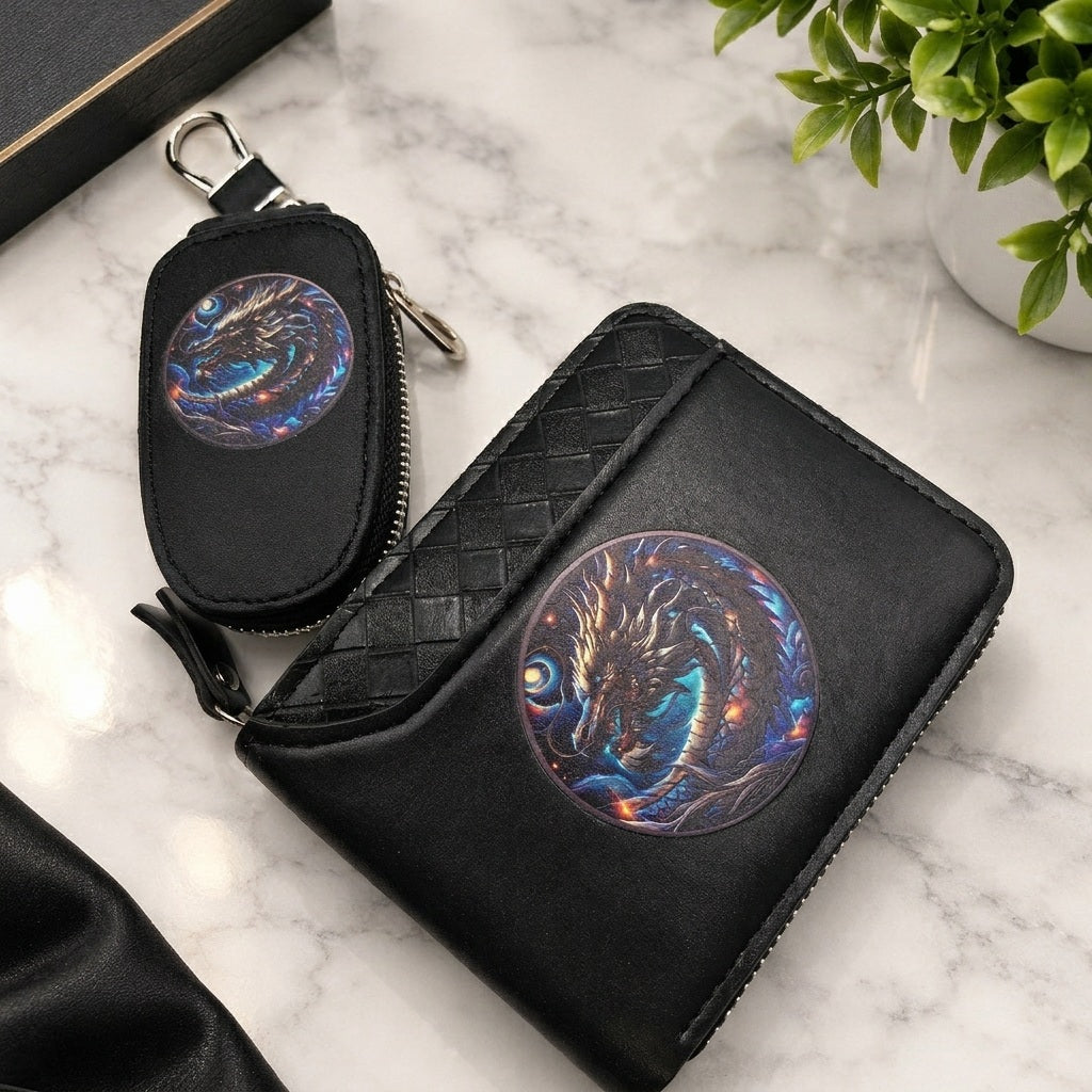 2pc Men's Dragon Wallet with Matching Car Key Pouch