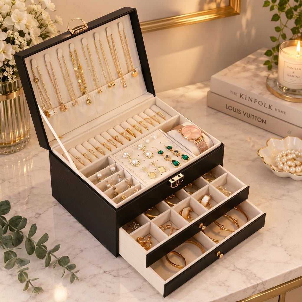 3 Layer Lockable Jewellery Box with Key – Black