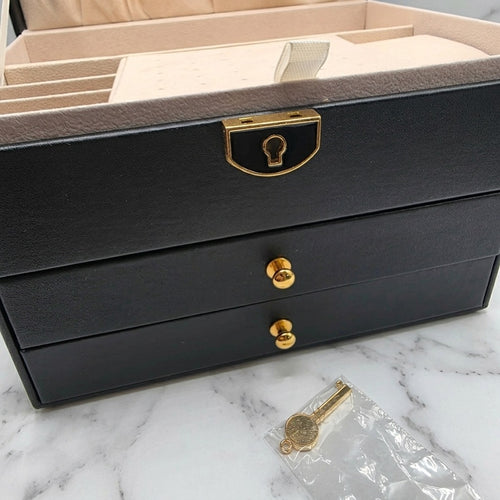 3 Layer Lockable Jewellery Box with Key – Black