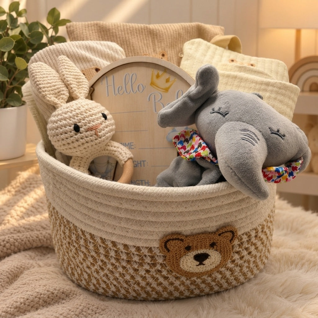 Newborn Baby Boy Gift Hamper Basket - 8 Piece Set